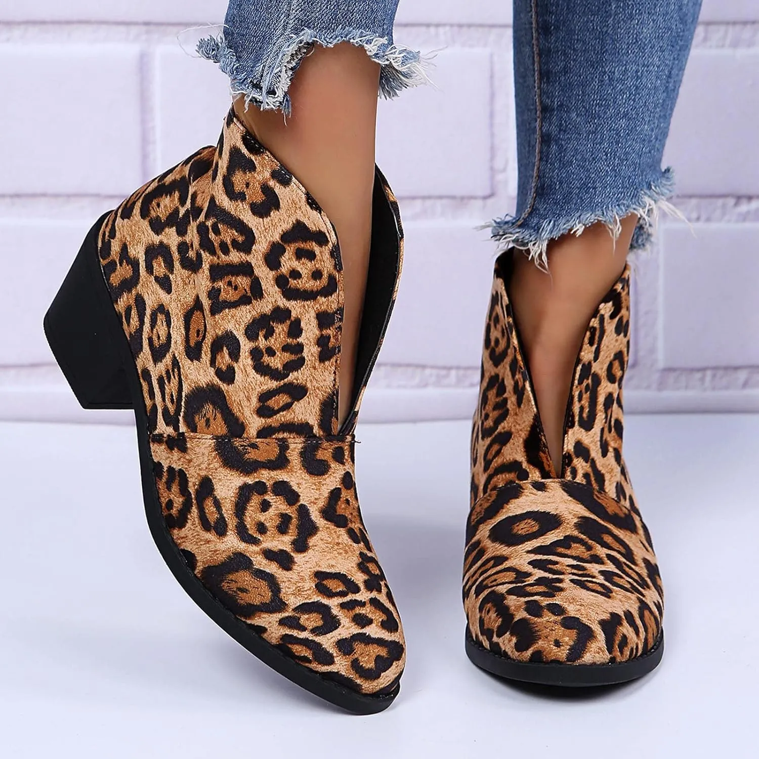 Ctreela Womens Dressy Cutout Slip On Ankle Boots Fashion 2023 Leopard/Snakeskin/Solid Low Stacked Heel Western Booties Shoes