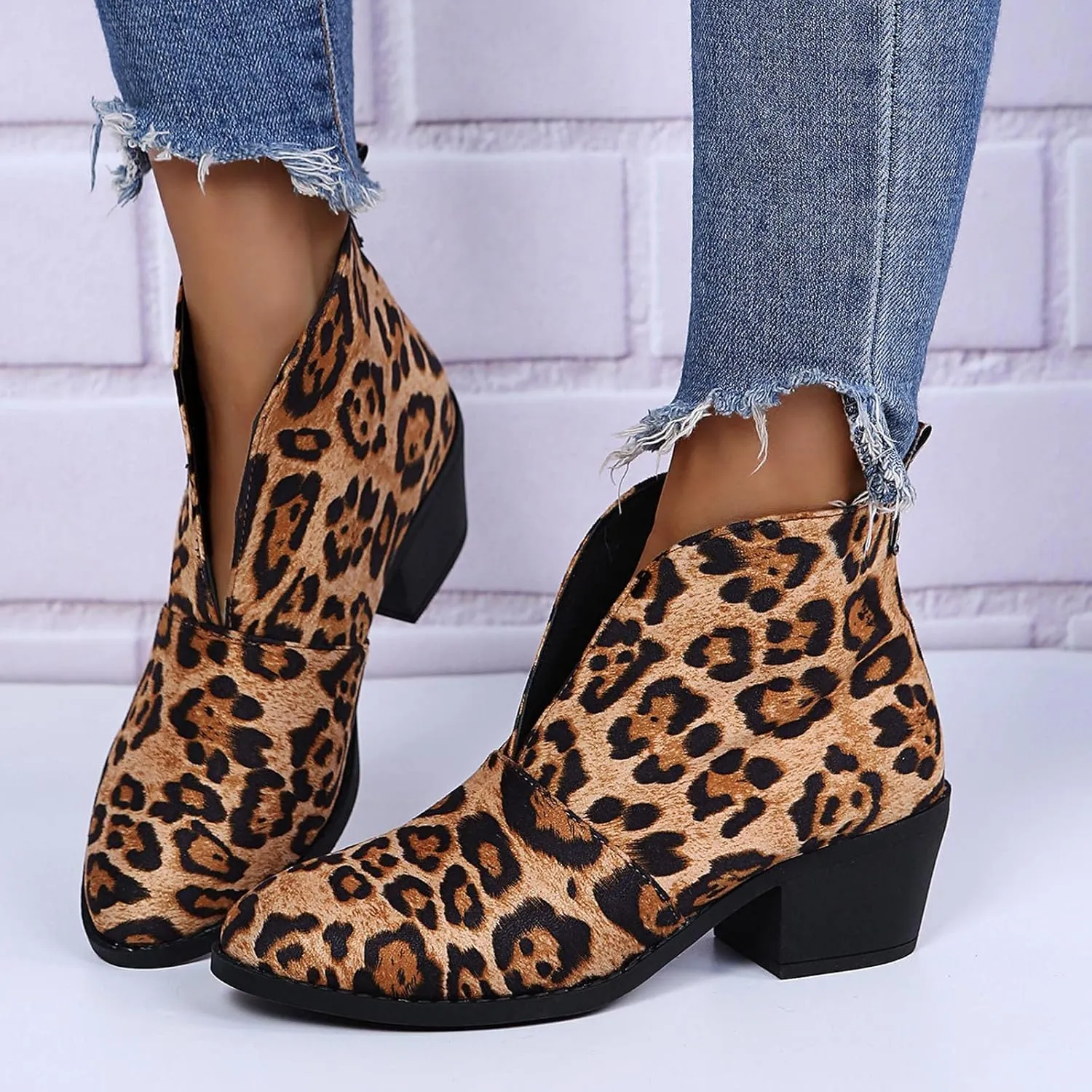Ctreela Womens Dressy Cutout Slip On Ankle Boots Fashion 2023 Leopard/Snakeskin/Solid Low Stacked Heel Western Booties Shoes