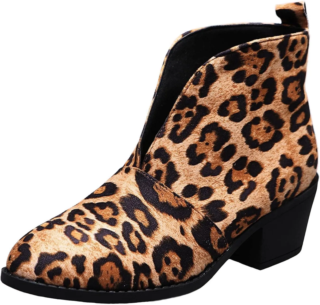 Ctreela Womens Dressy Cutout Slip On Ankle Boots Fashion 2023 Leopard/Snakeskin/Solid Low Stacked Heel Western Booties Shoes