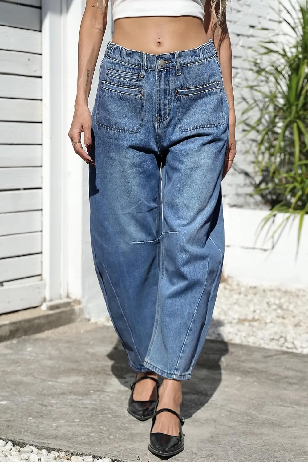 D-Sun Women Casual Mid Rise Barrel Jeans Wide Leg Cropped Horseshoe Denim Trousers Baggy Vintage Boyfriend Denim Pant Pocket
