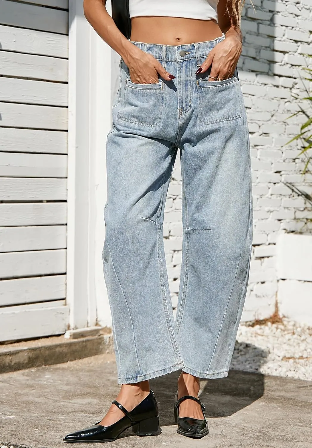 D-Sun Women Casual Mid Rise Barrel Jeans Wide Leg Cropped Horseshoe Denim Trousers Baggy Vintage Boyfriend Denim Pant Pocket
