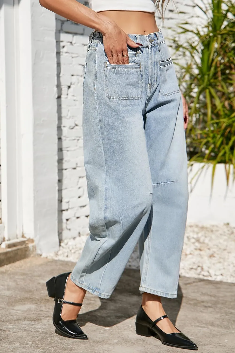 D-Sun Women Casual Mid Rise Barrel Jeans Wide Leg Cropped Horseshoe Denim Trousers Baggy Vintage Boyfriend Denim Pant Pocket