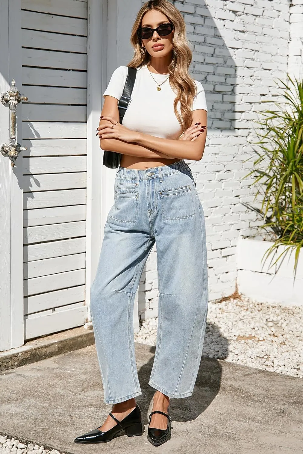 D-Sun Women Casual Mid Rise Barrel Jeans Wide Leg Cropped Horseshoe Denim Trousers Baggy Vintage Boyfriend Denim Pant Pocket