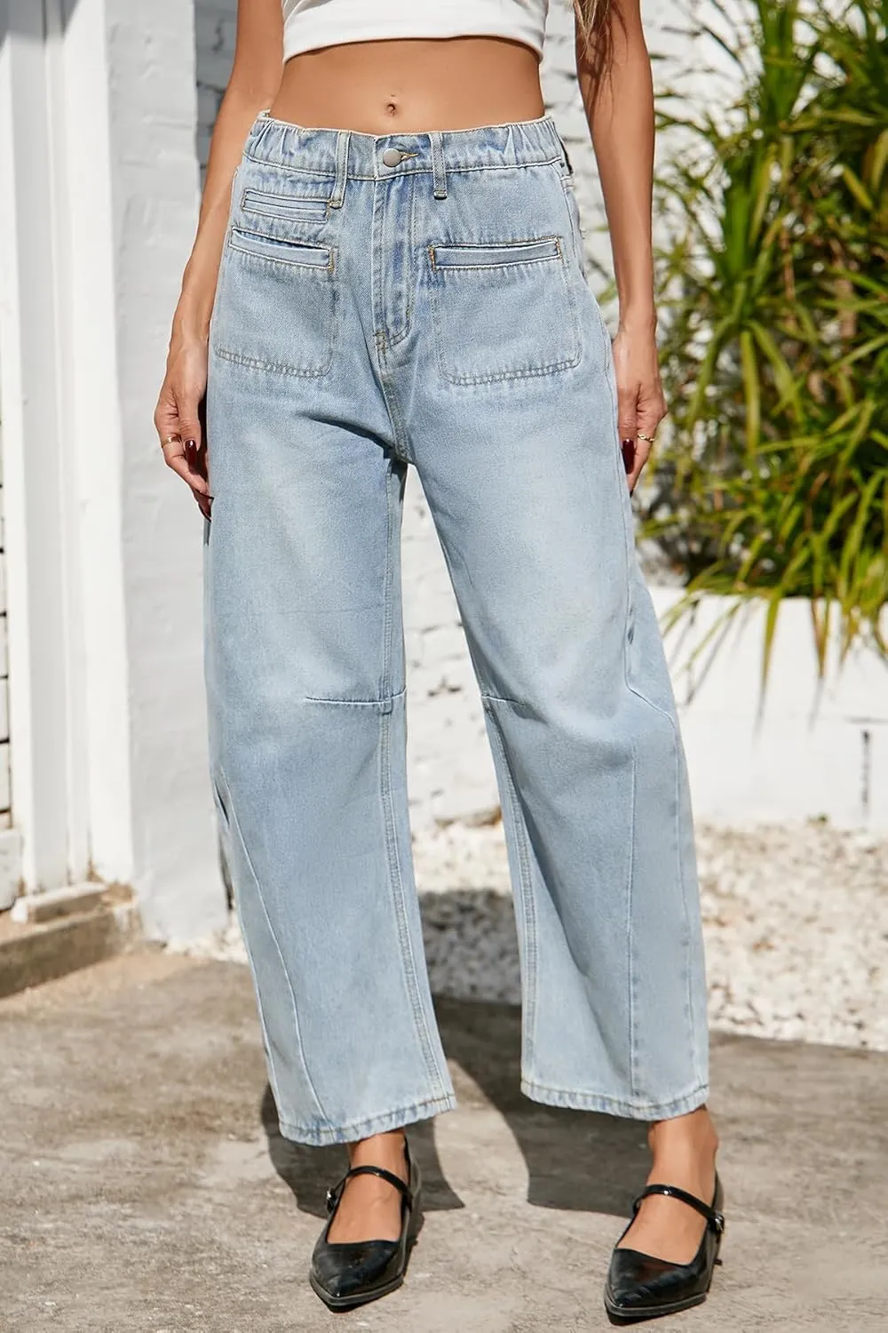 D-Sun Women Casual Mid Rise Barrel Jeans Wide Leg Cropped Horseshoe Denim Trousers Baggy Vintage Boyfriend Denim Pant Pocket