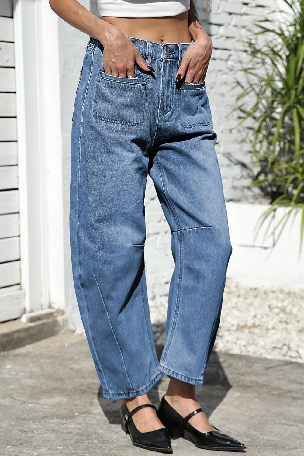D-Sun Women Casual Mid Rise Barrel Jeans Wide Leg Cropped Horseshoe Denim Trousers Baggy Vintage Boyfriend Denim Pant Pocket