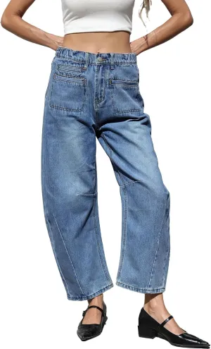 D-Sun Women Casual Mid Rise Barrel Jeans Wide Leg Cropped Horseshoe Denim Trousers Baggy Vintage Boyfriend Denim Pant Pocket