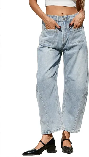 D-Sun Women Casual Mid Rise Barrel Jeans Wide Leg Cropped Horseshoe Denim Trousers Baggy Vintage Boyfriend Denim Pant Pocket