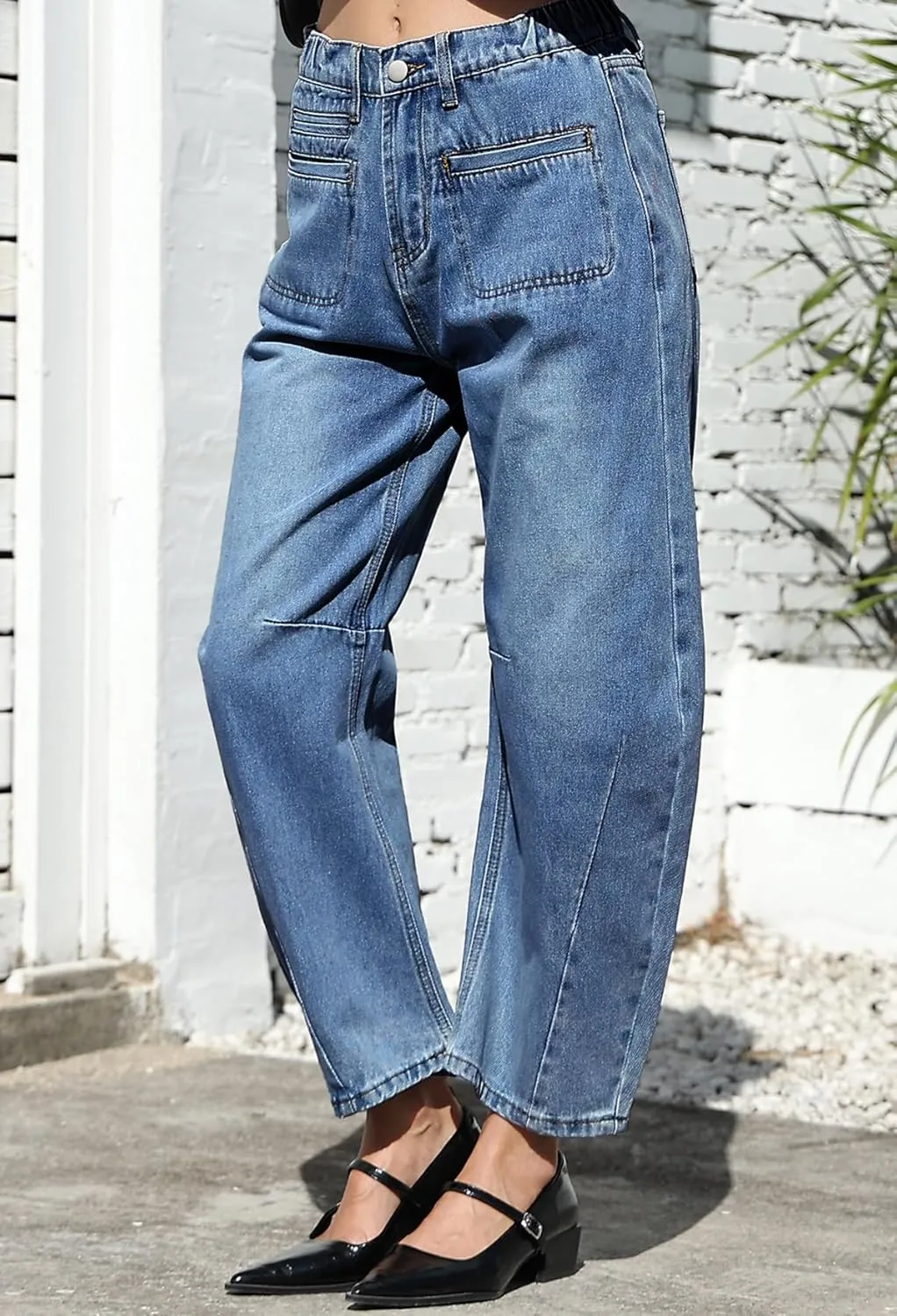 D-Sun Women Casual Mid Rise Barrel Jeans Wide Leg Cropped Horseshoe Denim Trousers Baggy Vintage Boyfriend Denim Pant Pocket
