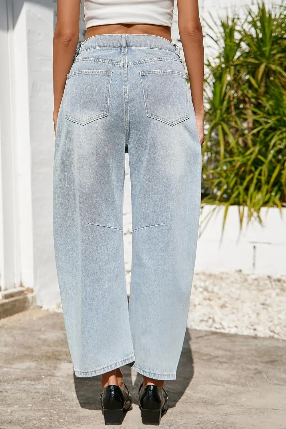 D-Sun Women Casual Mid Rise Barrel Jeans Wide Leg Cropped Horseshoe Denim Trousers Baggy Vintage Boyfriend Denim Pant Pocket