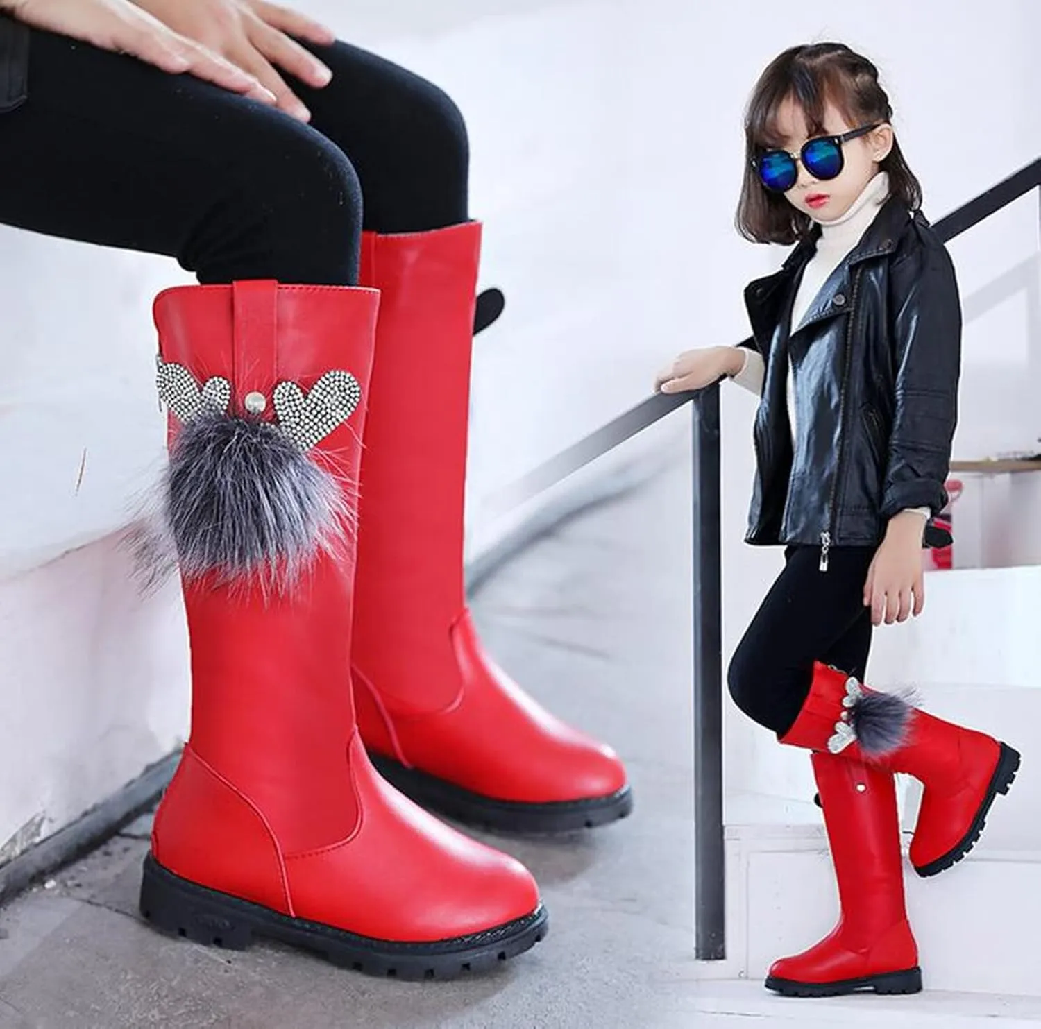 DADAWEN Girl's Waterproof Pom Pom Back Zipper Knee High Winter Riding Boots (Toddler/Little Kid/Big Kid)