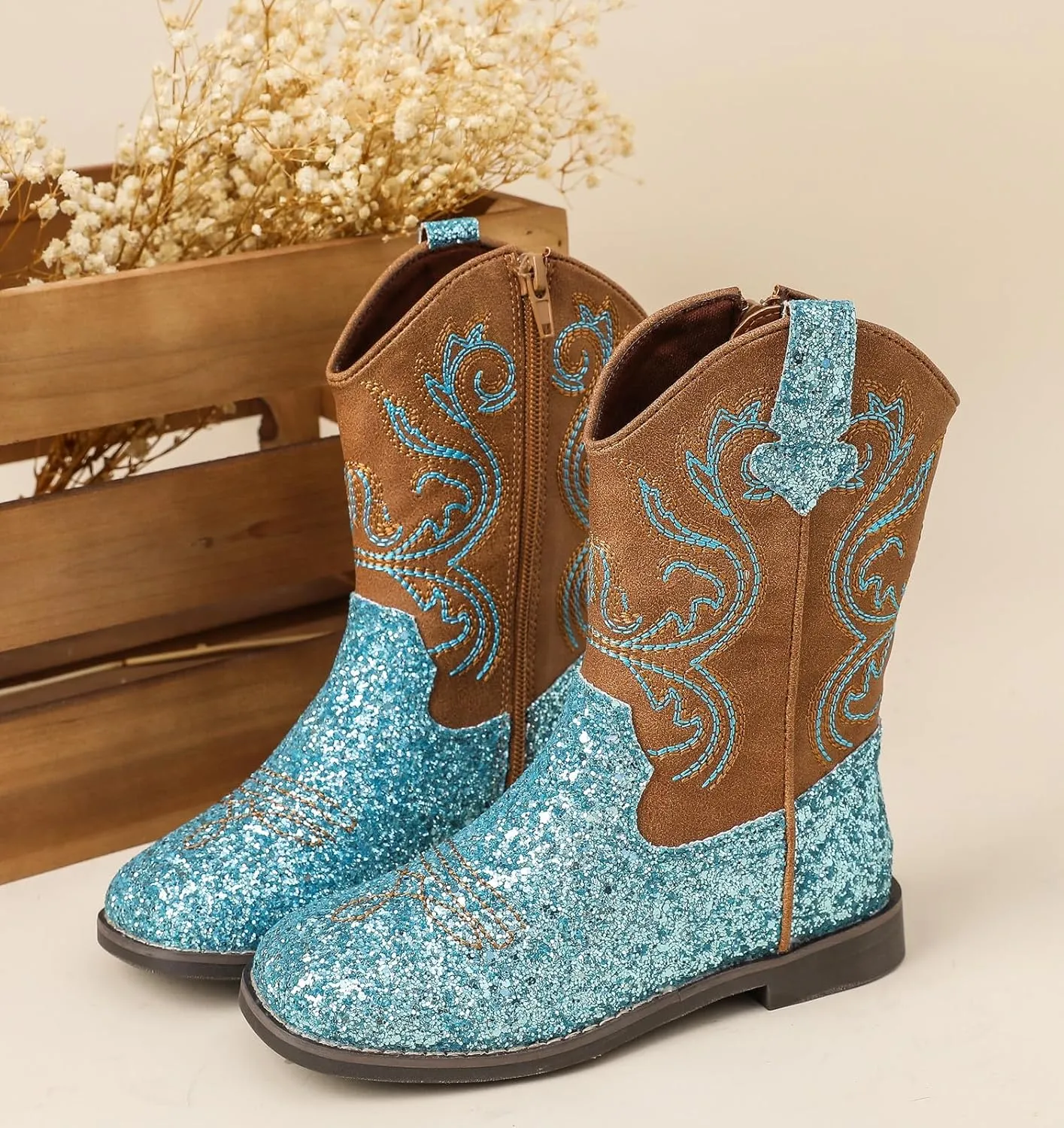 DADAWEN Kids Glitter Square Toe Cowgirl Boots Cowboy Western Boots Boys Girls Mid Calf Riding Shoes With Side Zipper