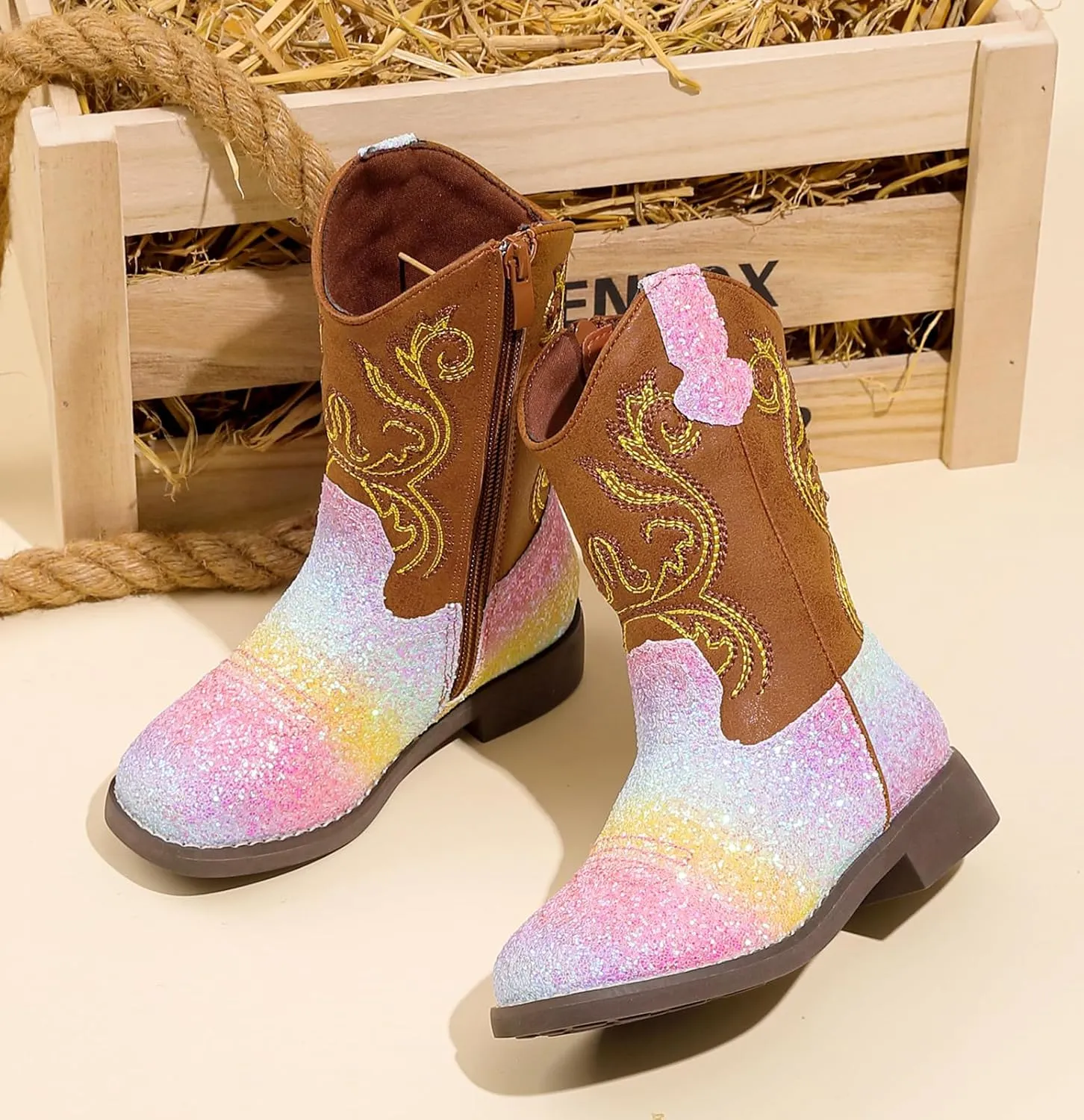 DADAWEN Kids Glitter Square Toe Cowgirl Boots Cowboy Western Boots Boys Girls Mid Calf Riding Shoes With Side Zipper