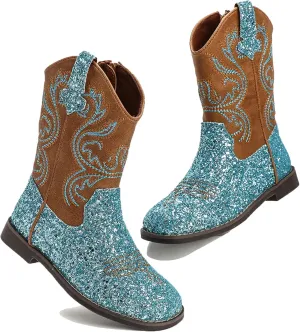 DADAWEN Kids Glitter Square Toe Cowgirl Boots Cowboy Western Boots Boys Girls Mid Calf Riding Shoes With Side Zipper