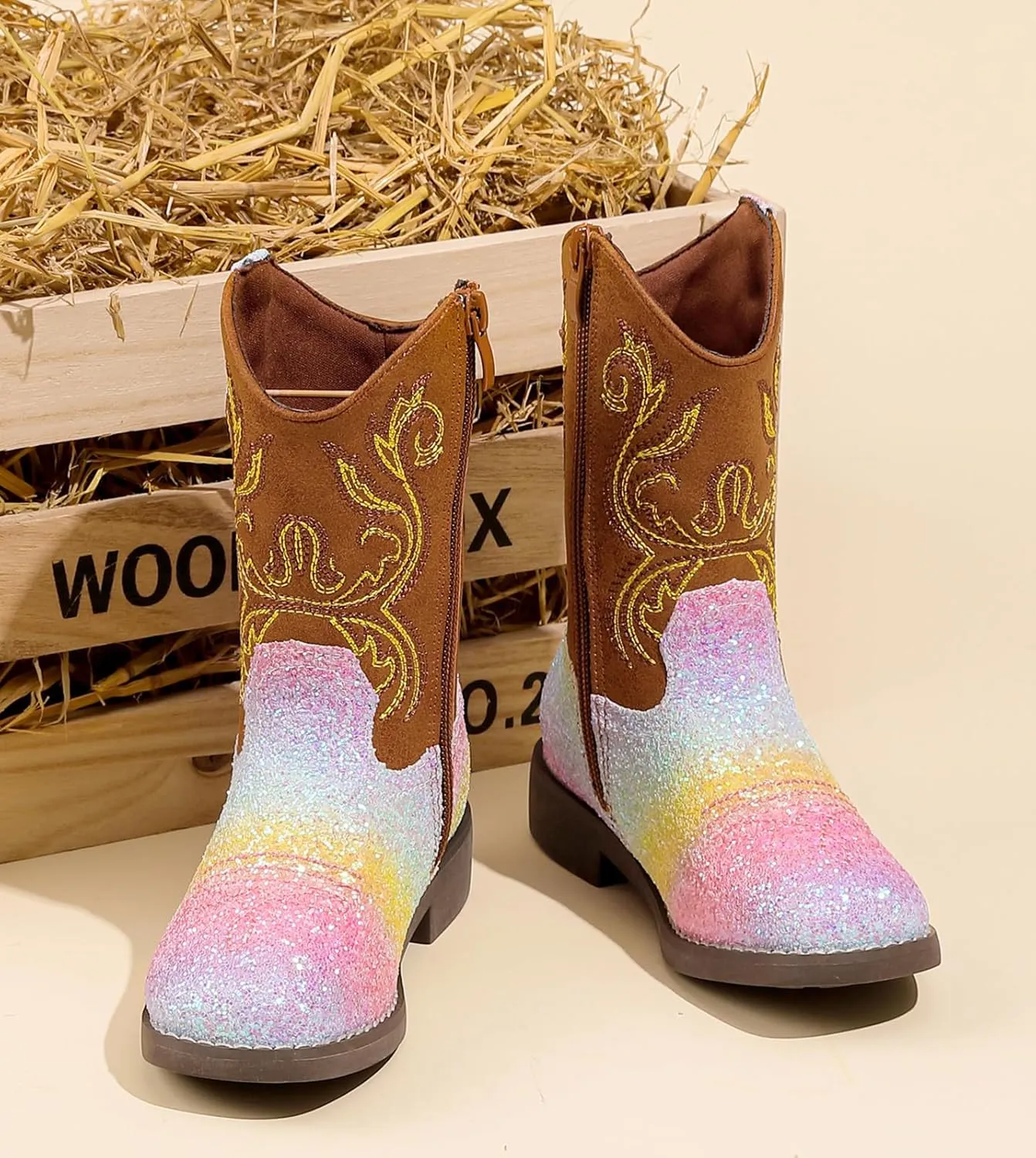 DADAWEN Kids Glitter Square Toe Cowgirl Boots Cowboy Western Boots Boys Girls Mid Calf Riding Shoes With Side Zipper