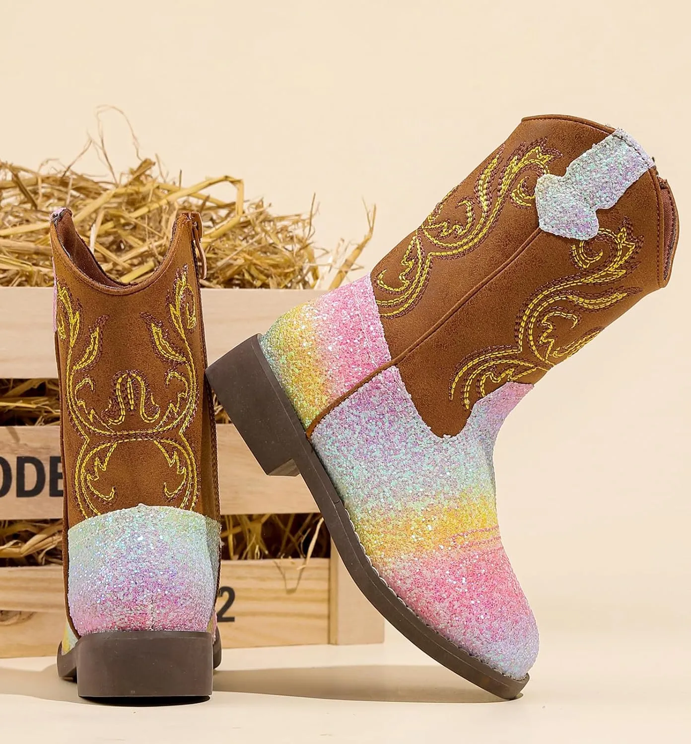 DADAWEN Kids Glitter Square Toe Cowgirl Boots Cowboy Western Boots Boys Girls Mid Calf Riding Shoes With Side Zipper