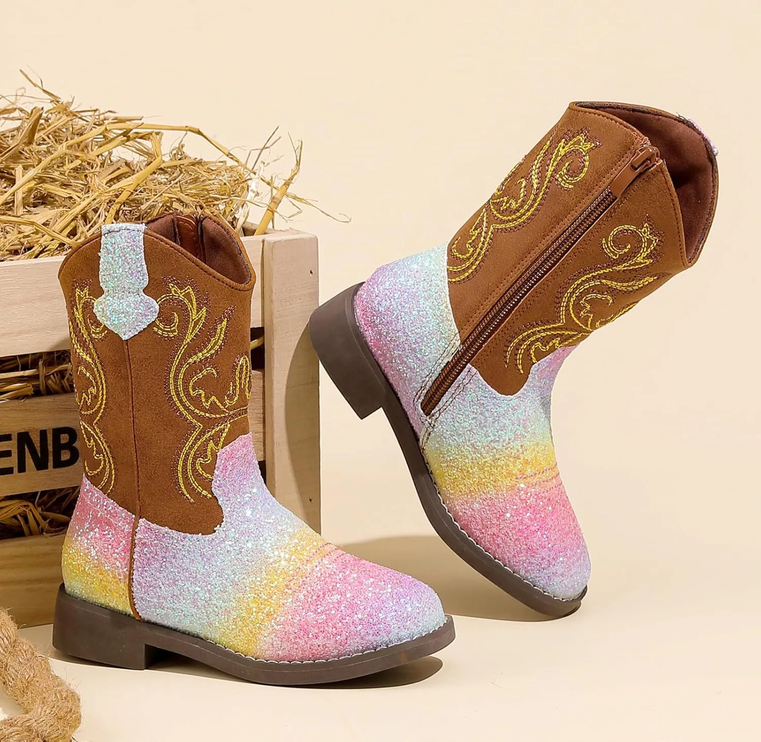 DADAWEN Kids Glitter Square Toe Cowgirl Boots Cowboy Western Boots Boys Girls Mid Calf Riding Shoes With Side Zipper