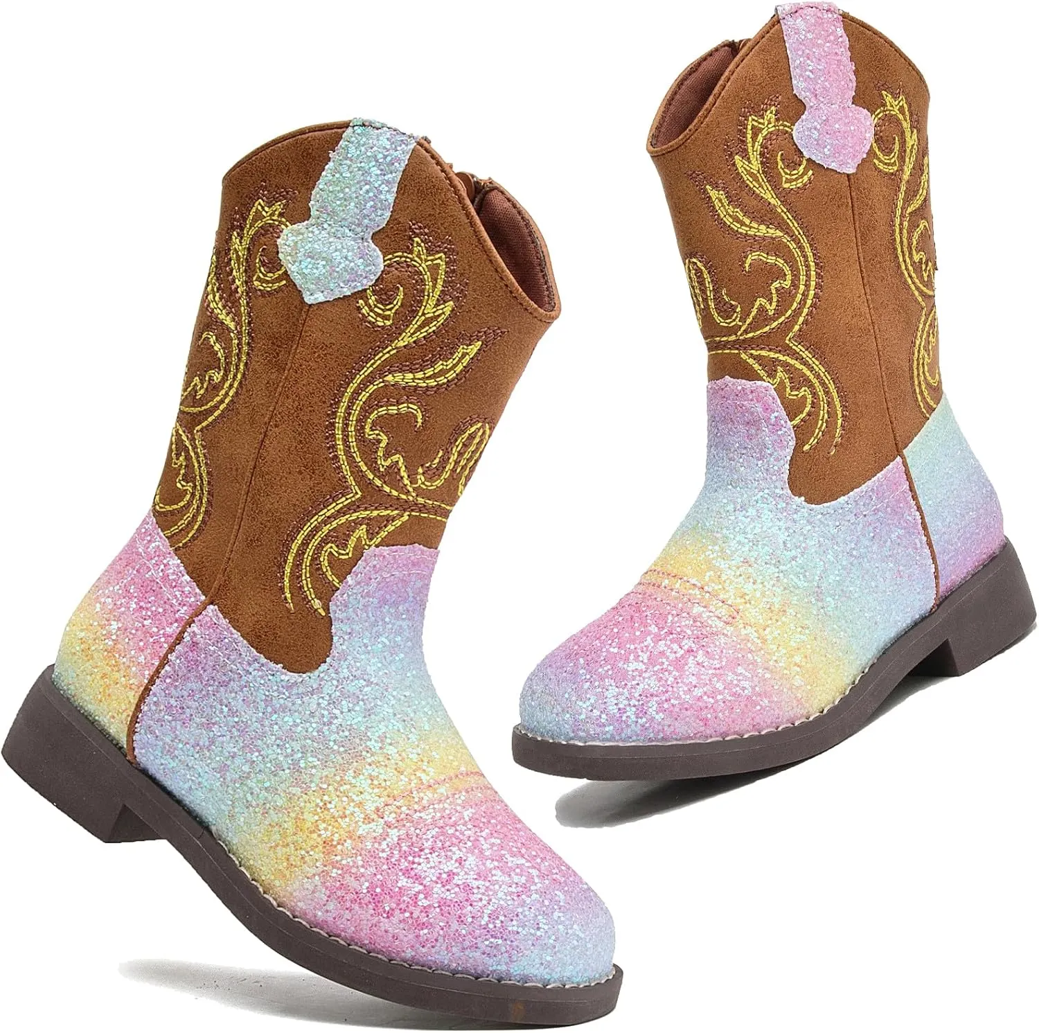 DADAWEN Kids Glitter Square Toe Cowgirl Boots Cowboy Western Boots Boys Girls Mid Calf Riding Shoes With Side Zipper