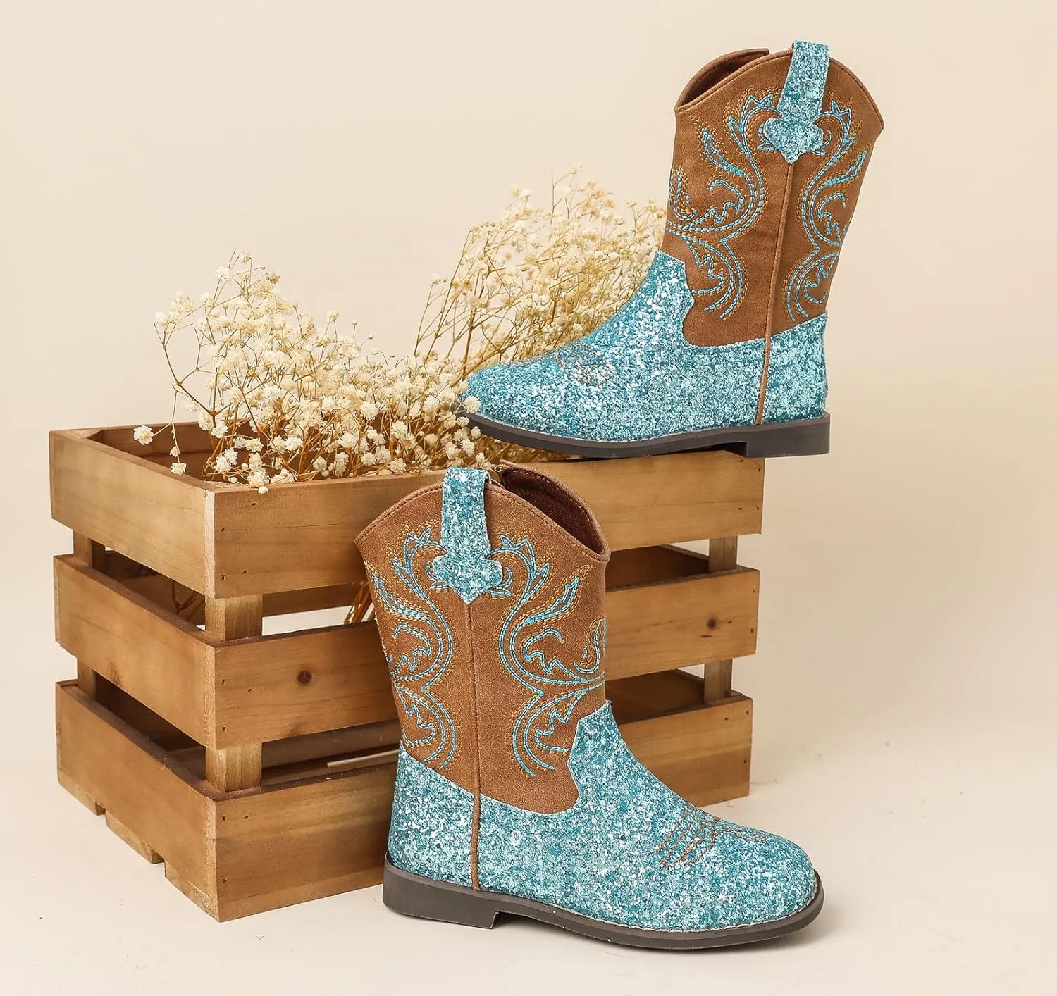 DADAWEN Kids Glitter Square Toe Cowgirl Boots Cowboy Western Boots Boys Girls Mid Calf Riding Shoes With Side Zipper