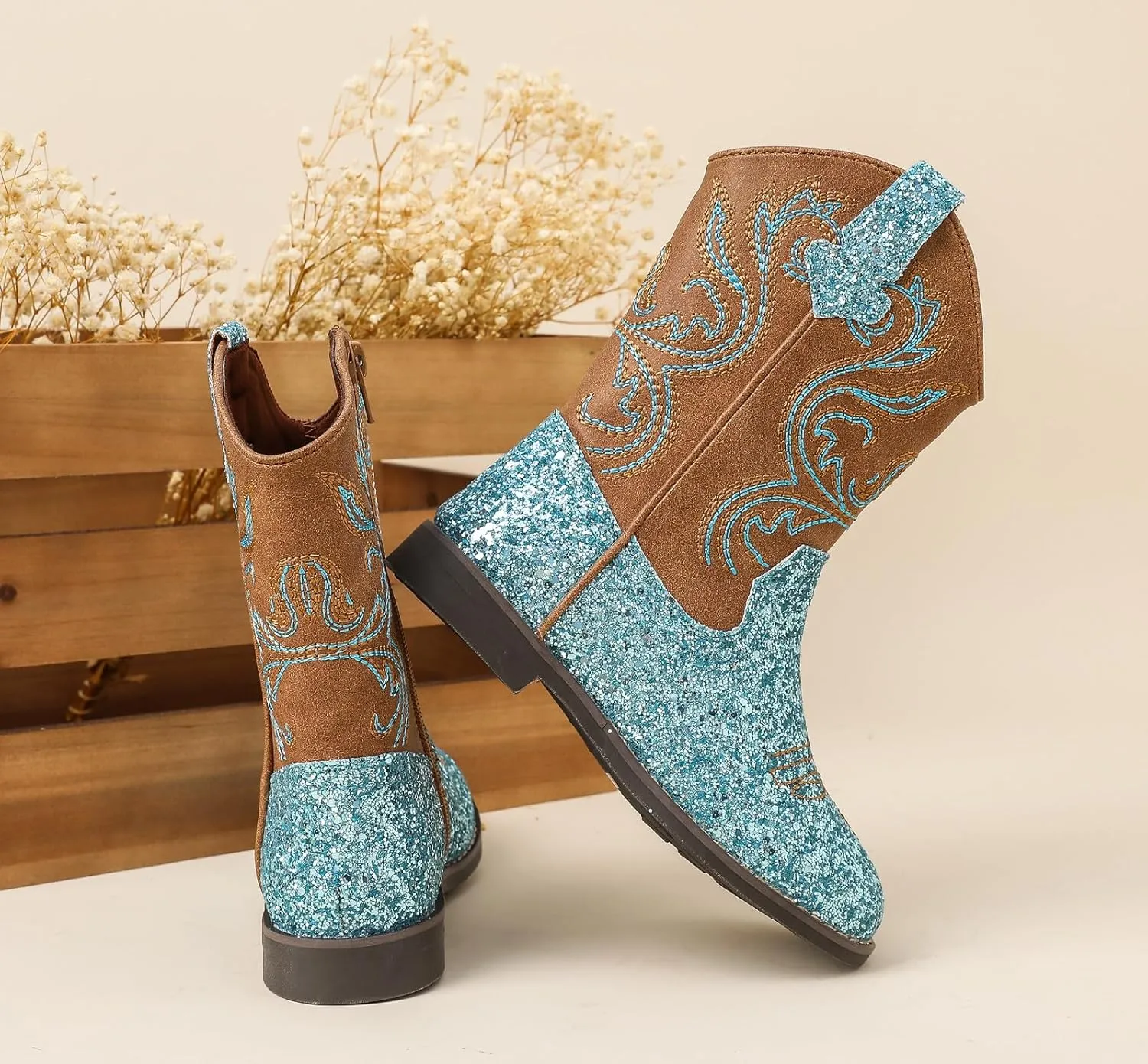 DADAWEN Kids Glitter Square Toe Cowgirl Boots Cowboy Western Boots Boys Girls Mid Calf Riding Shoes With Side Zipper