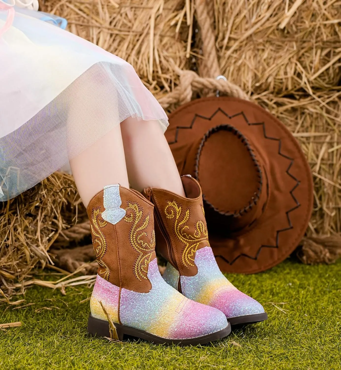 DADAWEN Kids Glitter Square Toe Cowgirl Boots Cowboy Western Boots Boys Girls Mid Calf Riding Shoes With Side Zipper