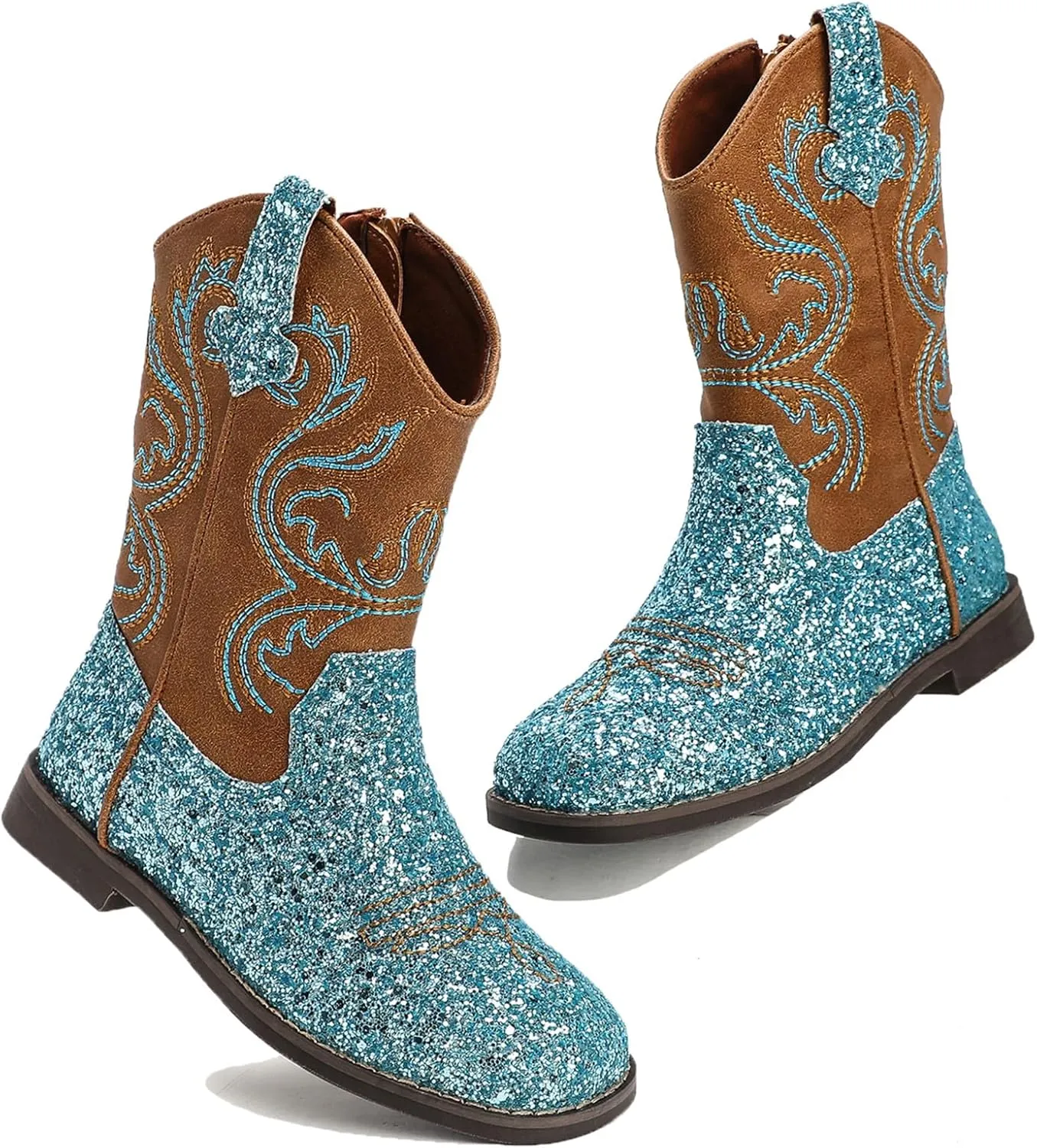 DADAWEN Kids Glitter Square Toe Cowgirl Boots Cowboy Western Boots Boys Girls Mid Calf Riding Shoes With Side Zipper