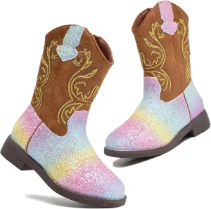DADAWEN Kids Glitter Square Toe Cowgirl Boots Cowboy Western Boots Boys Girls Mid Calf Riding Shoes With Side Zipper