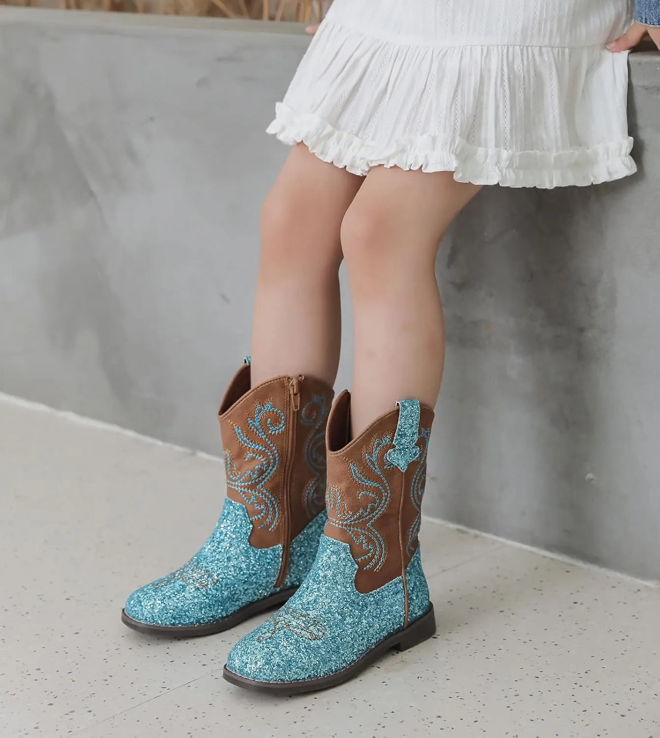 DADAWEN Kids Glitter Square Toe Cowgirl Boots Cowboy Western Boots Boys Girls Mid Calf Riding Shoes With Side Zipper