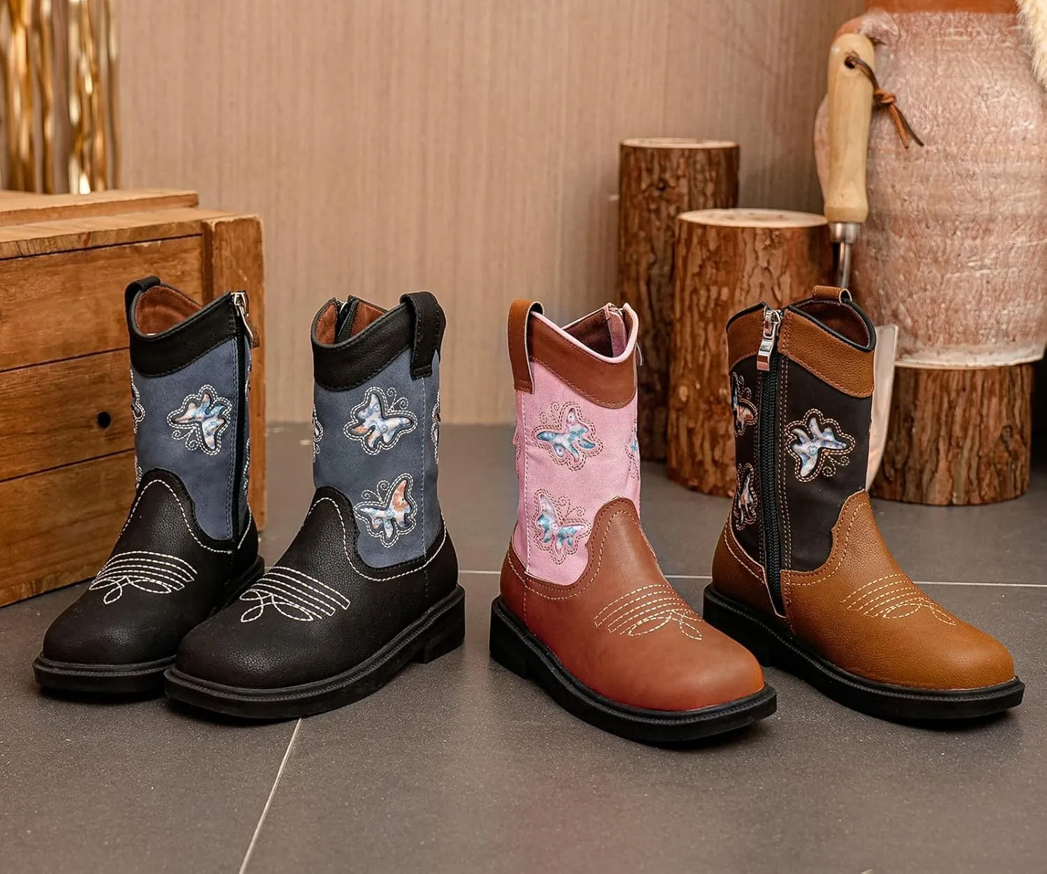 DADAWEN Toddler Girls Cowgirl Boots Mid Calf Square Toe Kids Cowboy Boot Glitter Butterfly Embroidered Side Zipper Western Boots Riding Shoes