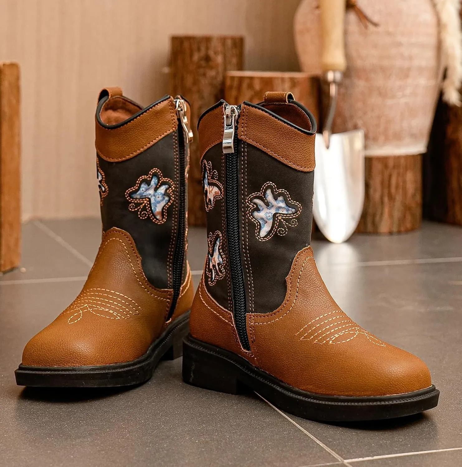 DADAWEN Toddler Girls Cowgirl Boots Mid Calf Square Toe Kids Cowboy Boot Glitter Butterfly Embroidered Side Zipper Western Boots Riding Shoes