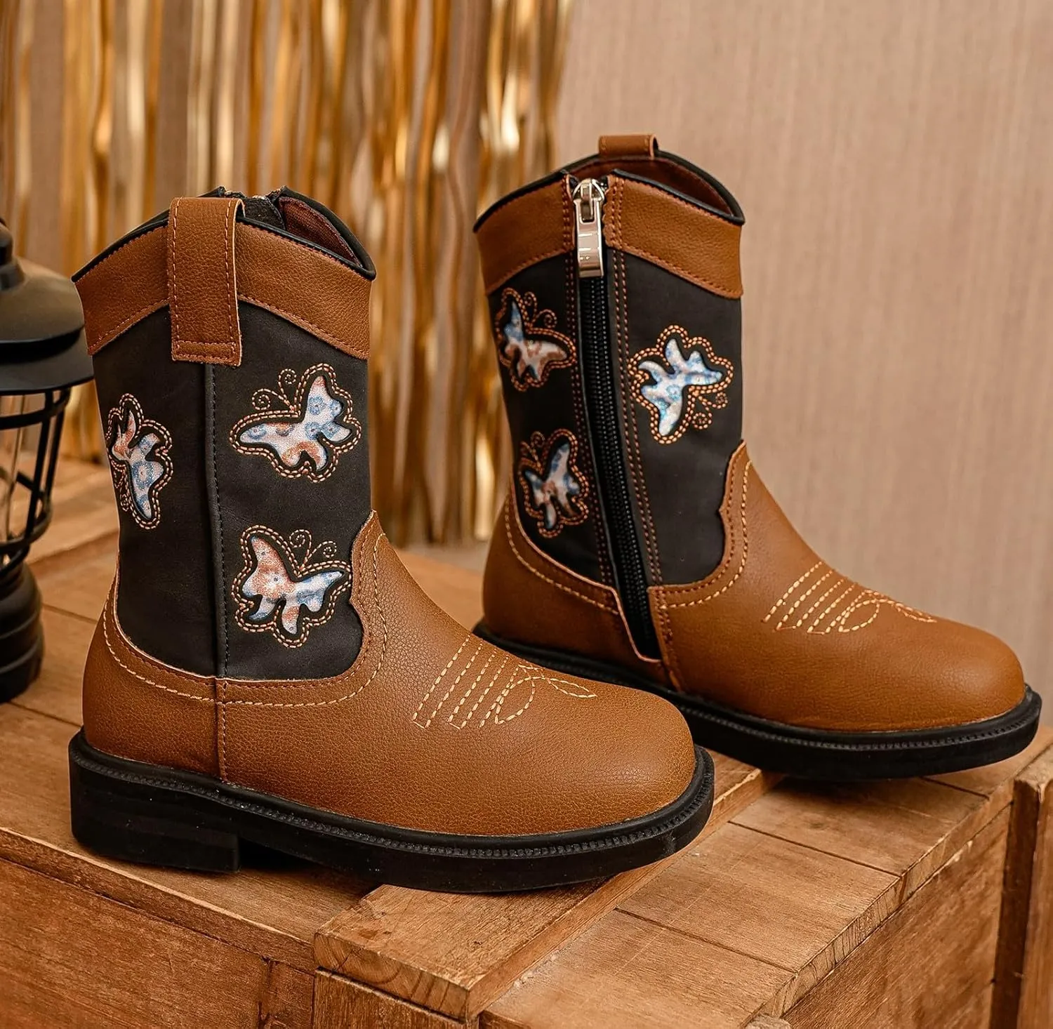DADAWEN Toddler Girls Cowgirl Boots Mid Calf Square Toe Kids Cowboy Boot Glitter Butterfly Embroidered Side Zipper Western Boots Riding Shoes