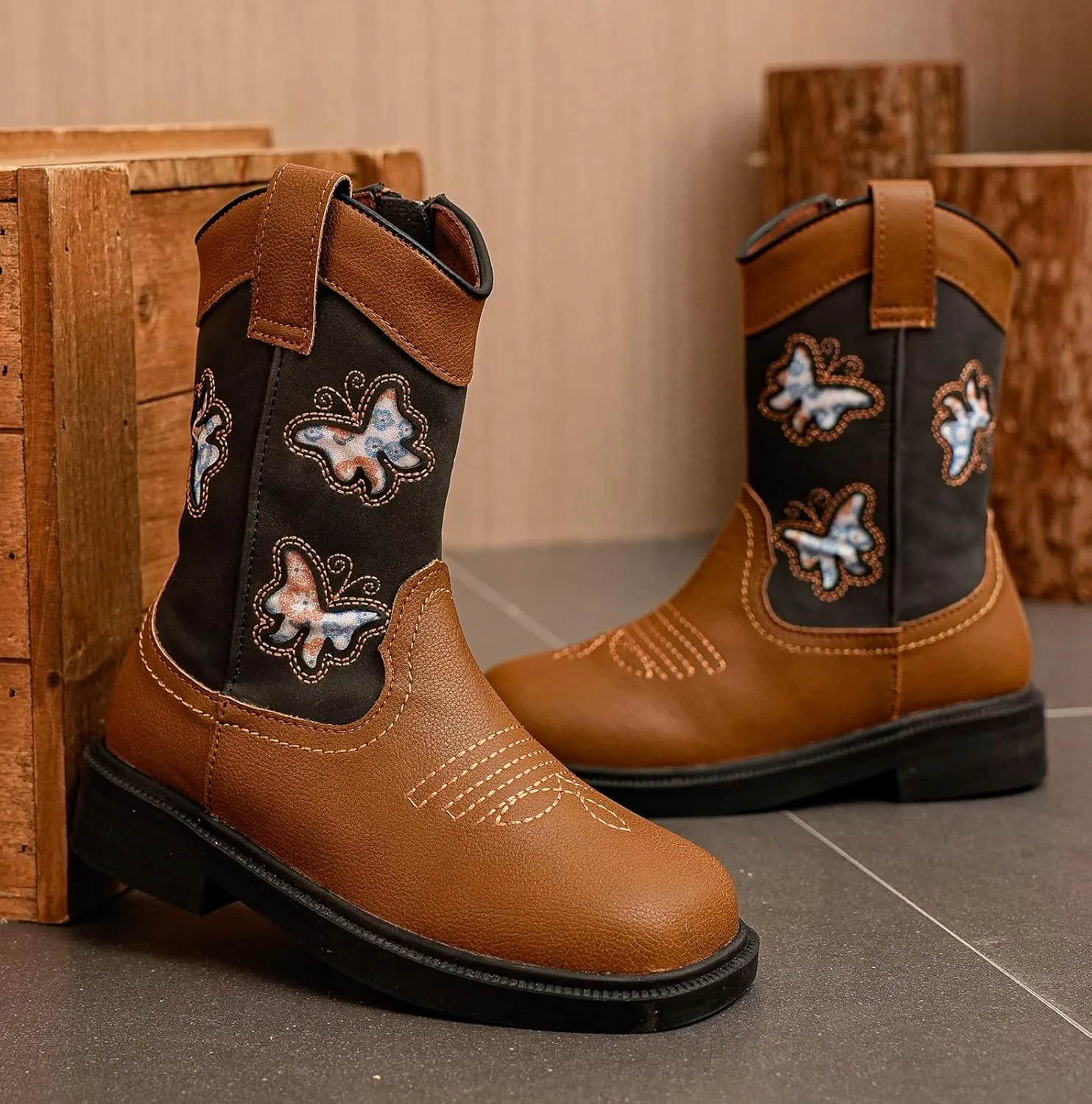 DADAWEN Toddler Girls Cowgirl Boots Mid Calf Square Toe Kids Cowboy Boot Glitter Butterfly Embroidered Side Zipper Western Boots Riding Shoes