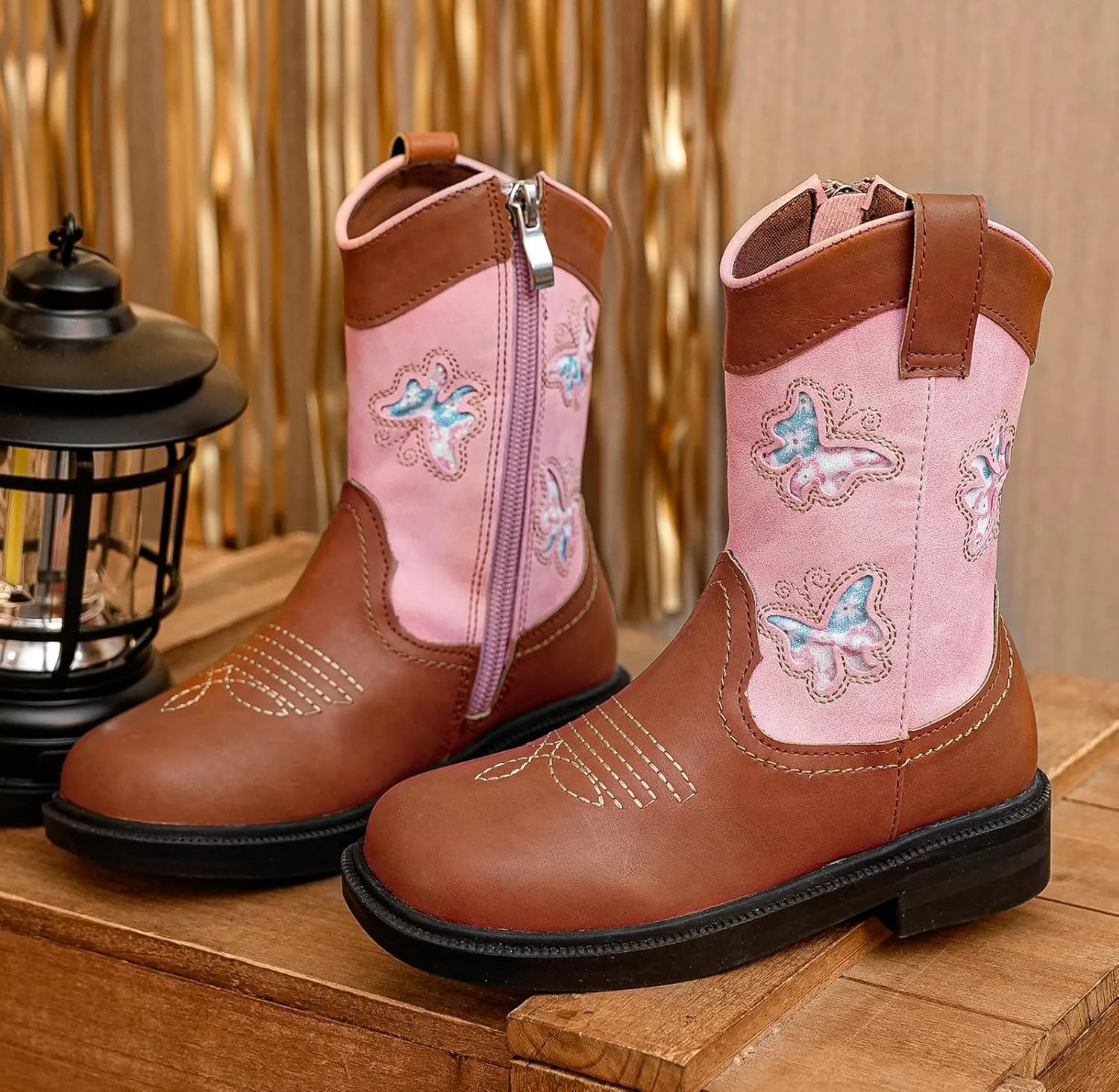 DADAWEN Toddler Girls Cowgirl Boots Mid Calf Square Toe Kids Cowboy Boot Glitter Butterfly Embroidered Side Zipper Western Boots Riding Shoes