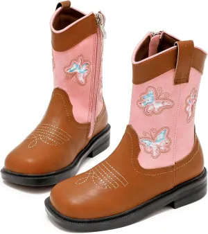 DADAWEN Toddler Girls Cowgirl Boots Mid Calf Square Toe Kids Cowboy Boot Glitter Butterfly Embroidered Side Zipper Western Boots Riding Shoes