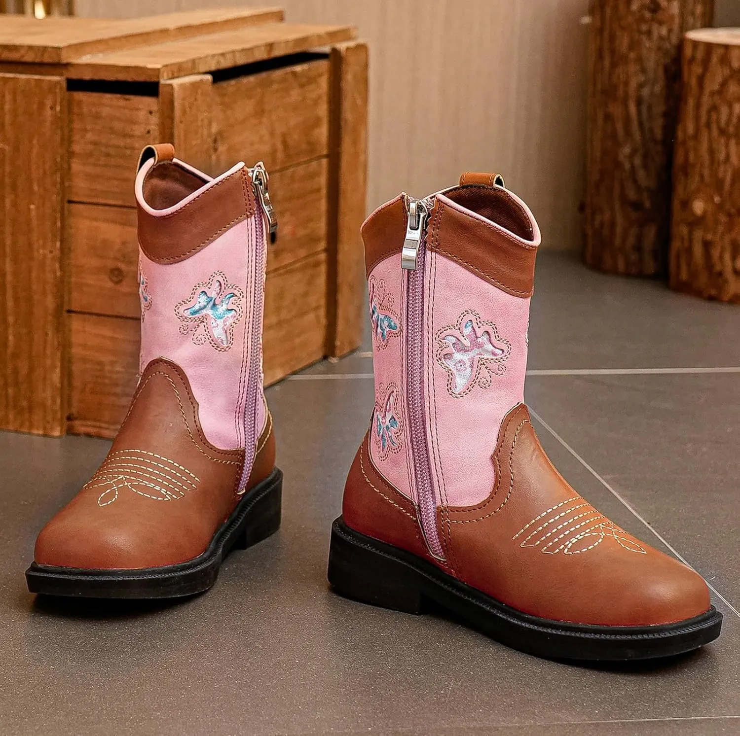 DADAWEN Toddler Girls Cowgirl Boots Mid Calf Square Toe Kids Cowboy Boot Glitter Butterfly Embroidered Side Zipper Western Boots Riding Shoes