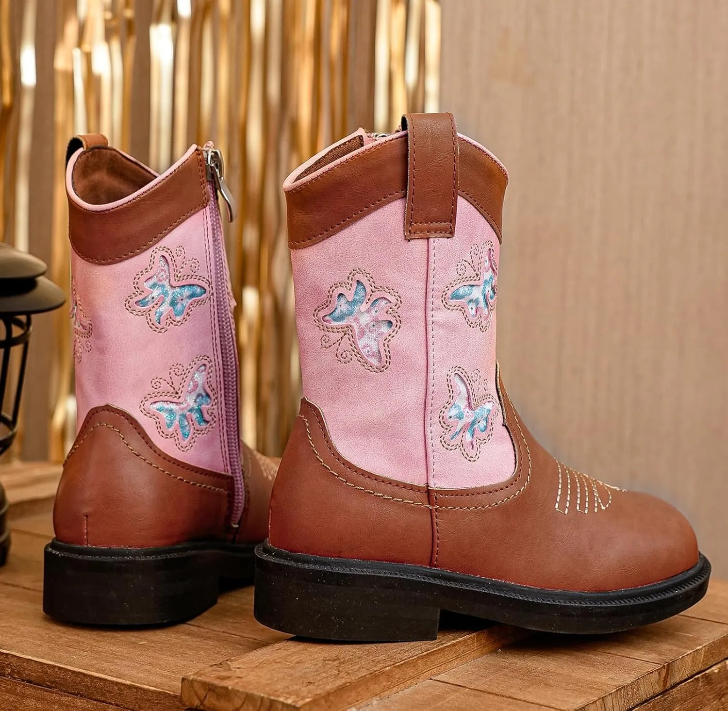 DADAWEN Toddler Girls Cowgirl Boots Mid Calf Square Toe Kids Cowboy Boot Glitter Butterfly Embroidered Side Zipper Western Boots Riding Shoes