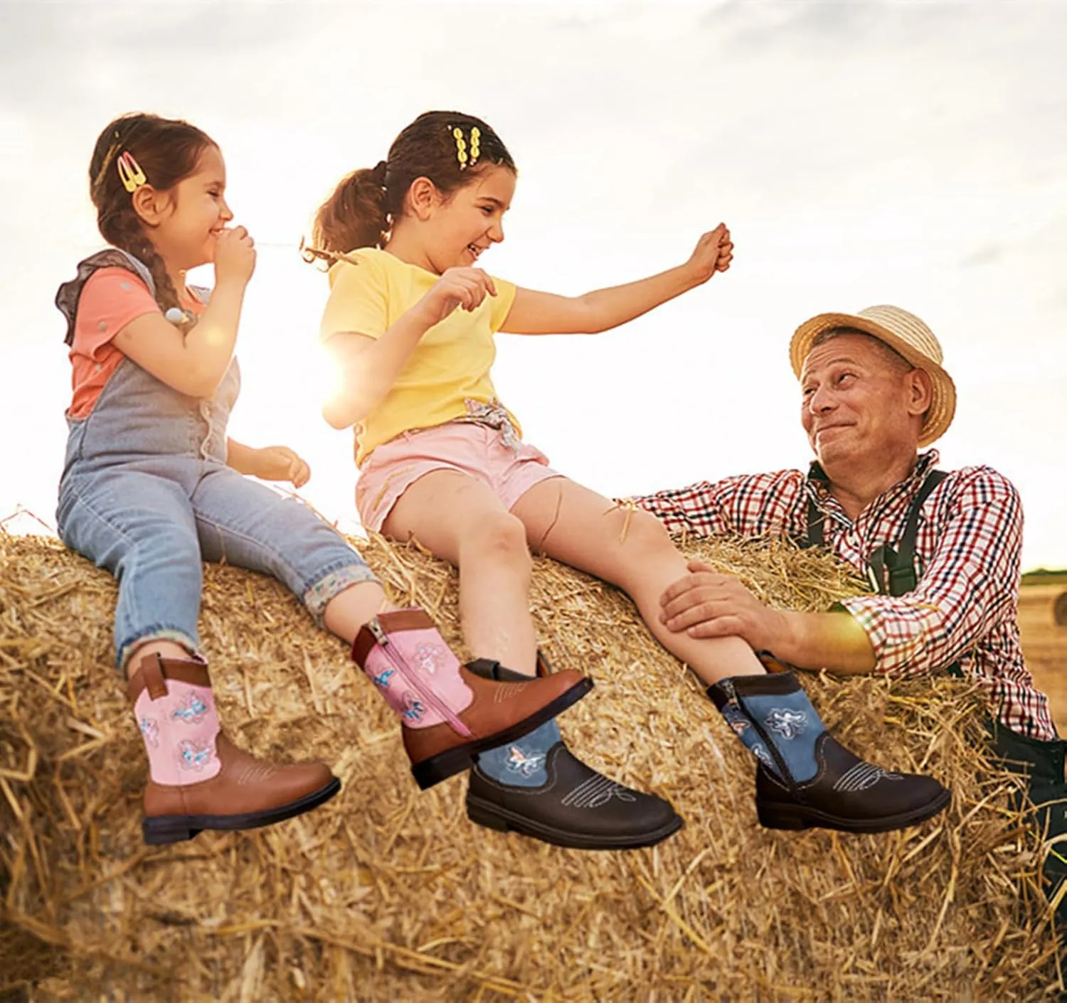 DADAWEN Toddler Girls Cowgirl Boots Mid Calf Square Toe Kids Cowboy Boot Glitter Butterfly Embroidered Side Zipper Western Boots Riding Shoes