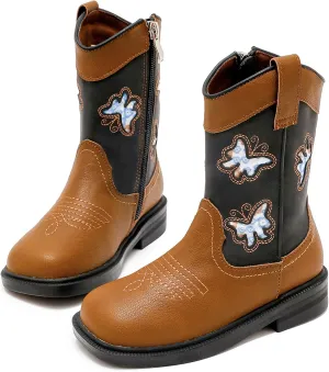 DADAWEN Toddler Girls Cowgirl Boots Mid Calf Square Toe Kids Cowboy Boot Glitter Butterfly Embroidered Side Zipper Western Boots Riding Shoes
