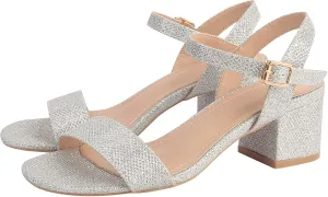 DADAWEN Women's Open Toe Ankle Strap Glitter Low Block Chunky Heels Sandals Party Dress Pumps Shoes