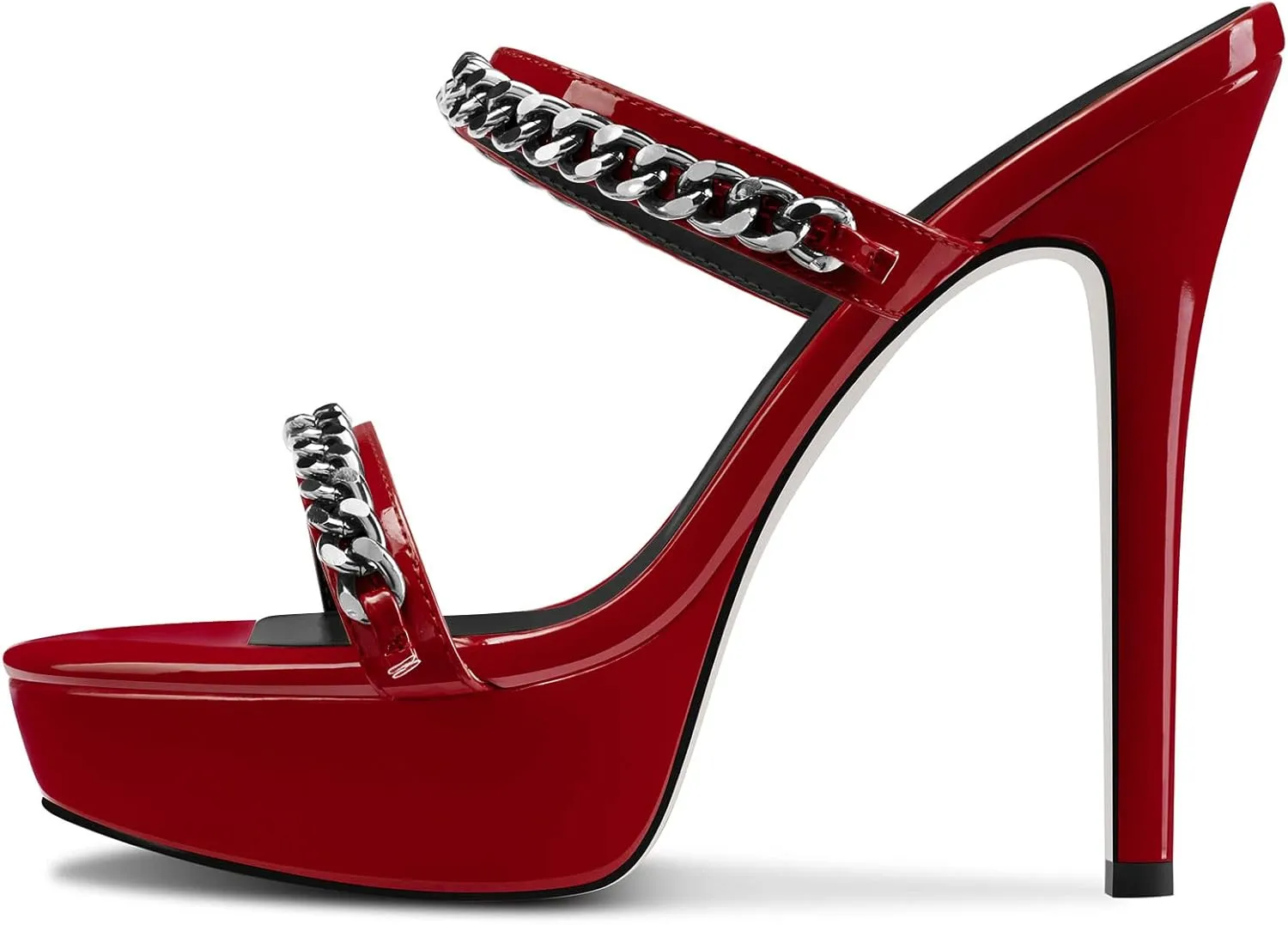 DearOnly Womens Stiletto High Platform Heel Open Toe Slip-on Metal Chain Sandals Prom Party Mules Shoes 5.1 Inches Heels