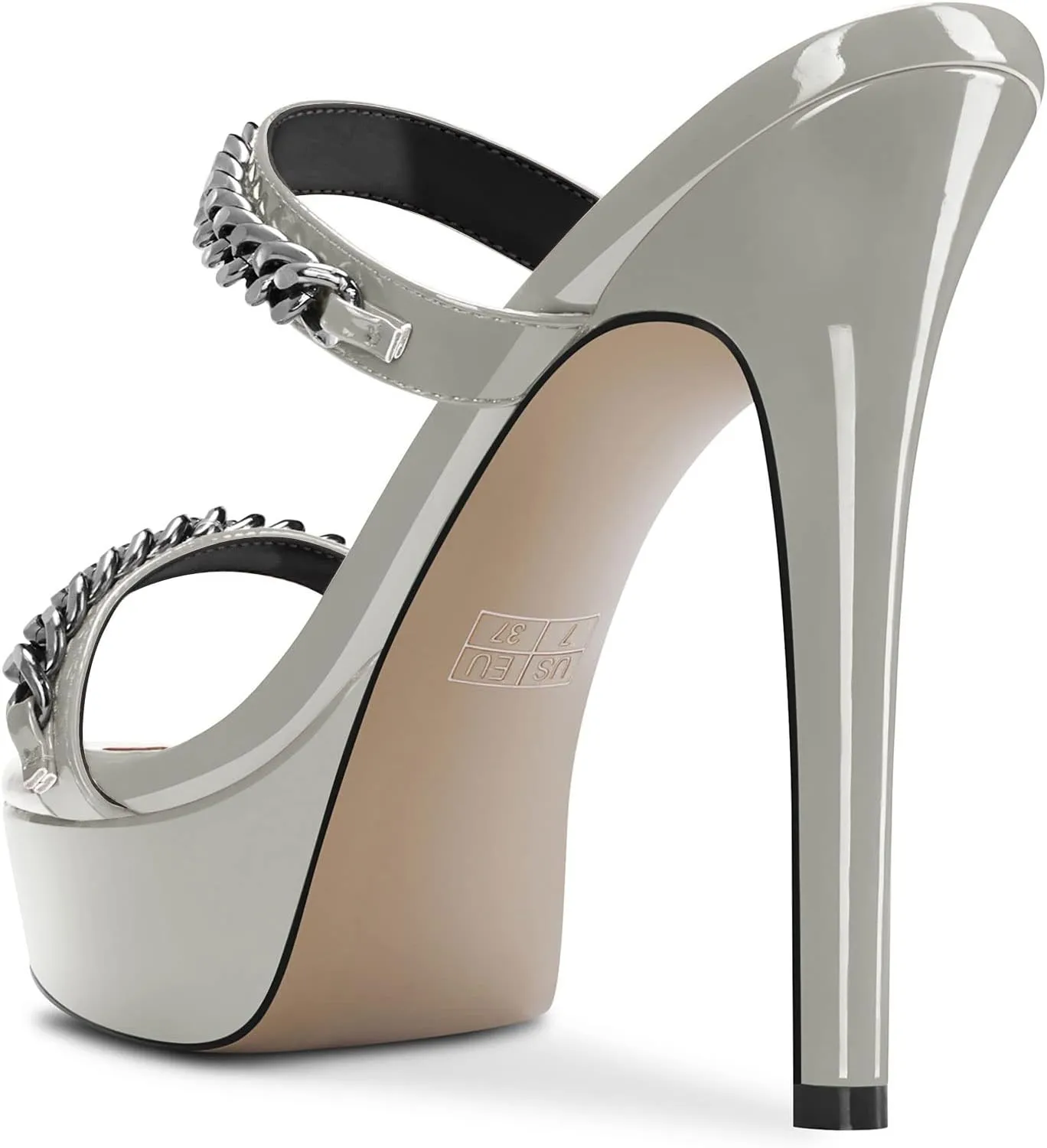 DearOnly Womens Stiletto High Platform Heel Open Toe Slip-on Metal Chain Sandals Prom Party Mules Shoes 5.1 Inches Heels
