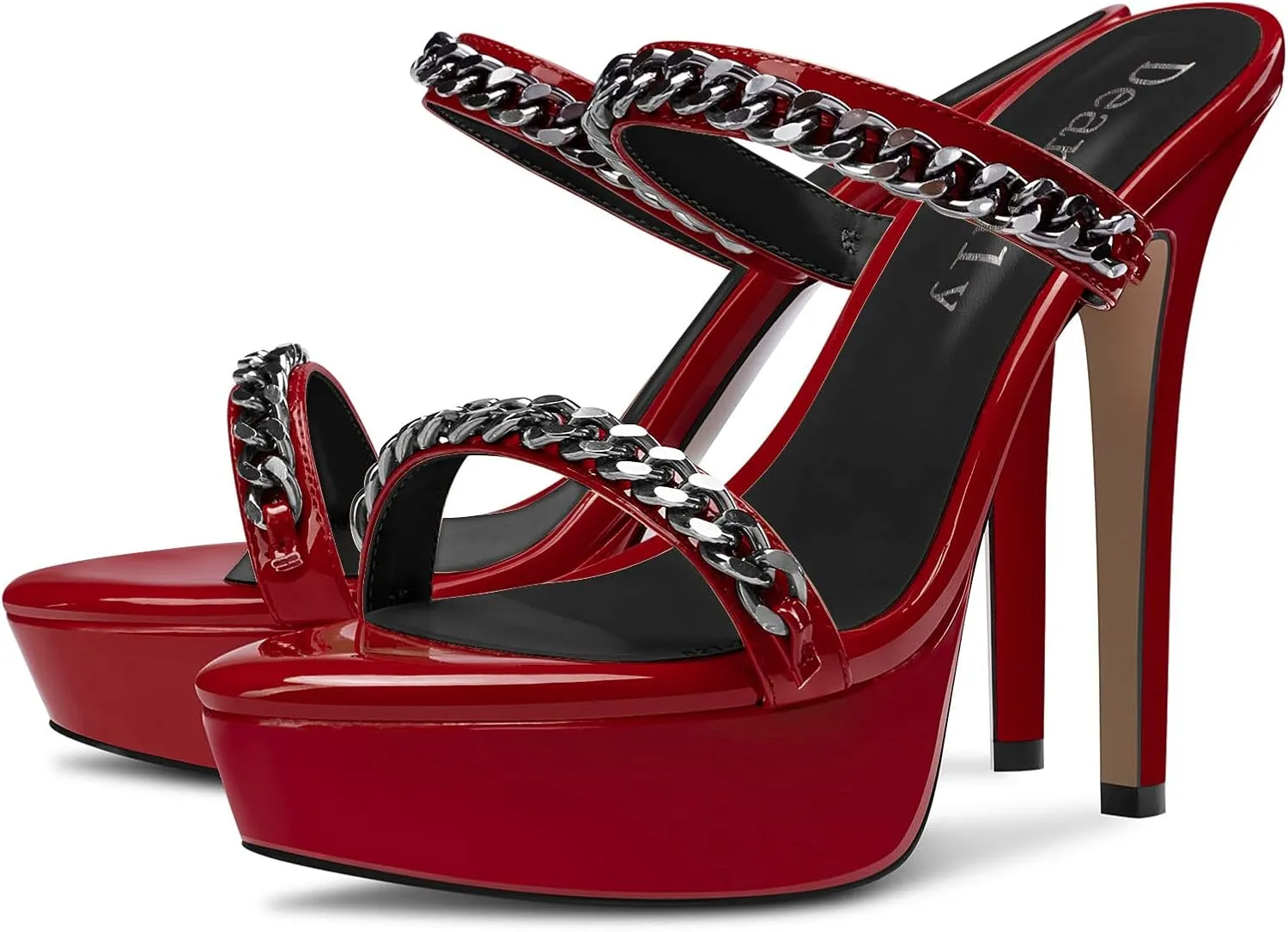 DearOnly Womens Stiletto High Platform Heel Open Toe Slip-on Metal Chain Sandals Prom Party Mules Shoes 5.1 Inches Heels