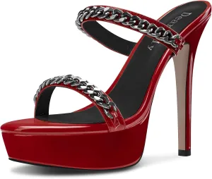 DearOnly Womens Stiletto High Platform Heel Open Toe Slip-on Metal Chain Sandals Prom Party Mules Shoes 5.1 Inches Heels