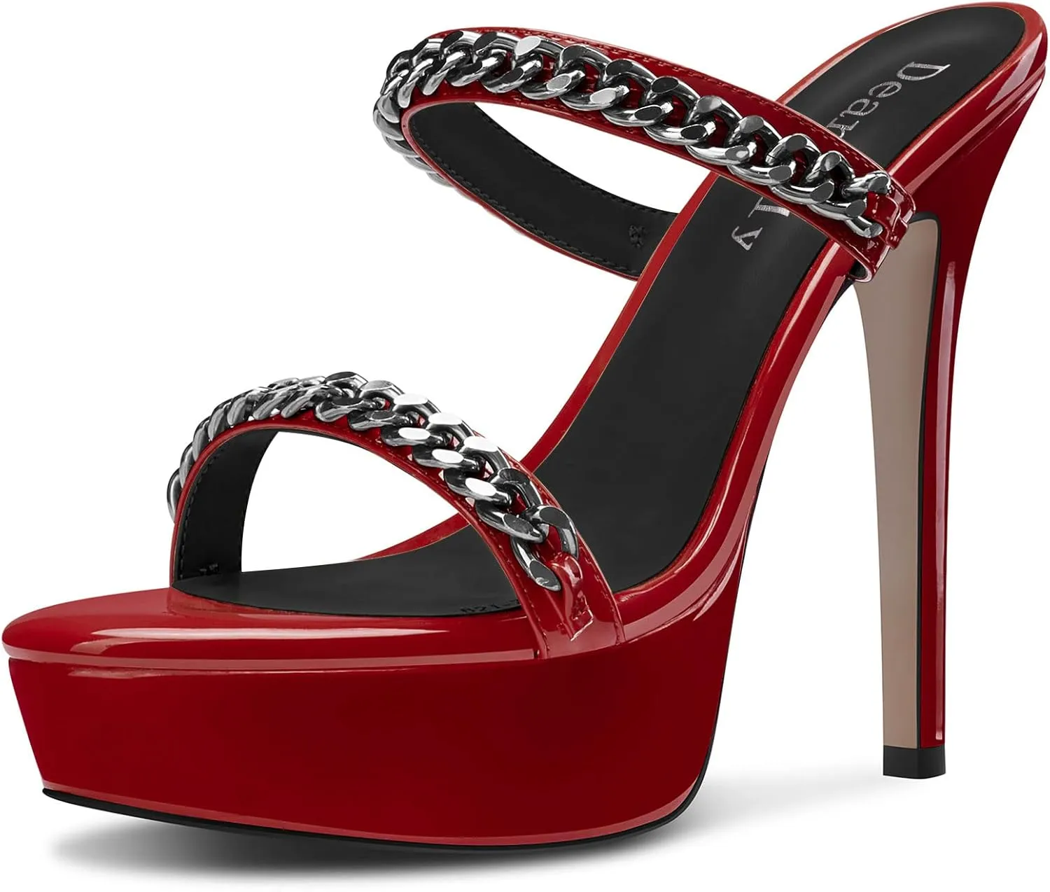DearOnly Womens Stiletto High Platform Heel Open Toe Slip-on Metal Chain Sandals Prom Party Mules Shoes 5.1 Inches Heels