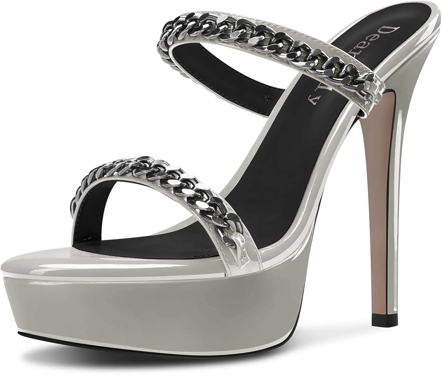 DearOnly Womens Stiletto High Platform Heel Open Toe Slip-on Metal Chain Sandals Prom Party Mules Shoes 5.1 Inches Heels
