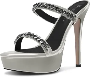DearOnly Womens Stiletto High Platform Heel Open Toe Slip-on Metal Chain Sandals Prom Party Mules Shoes 5.1 Inches Heels