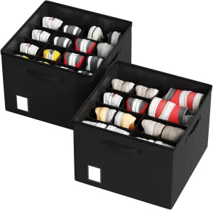 DIMJ Shoe Organizer for Closet - Adjustable Shoe Storage Organizer W/Clear Cover, Linen-like Shoe Storage Box Bins Cube, Foldable Shoes Holder w/Reinforced Handles Black 2 Pack Fit up to 32 Pairs