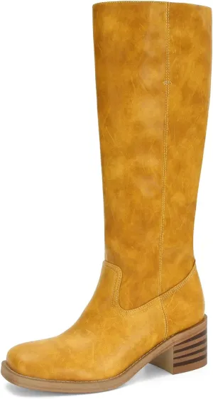 DOEYG Banana Knee High Boots for Women Square Toe Riding Boots Chunky Block Heel Tall Boots Pull on Wide Calf Comfortable Motorcycle Biker Boots Yellow Size 9