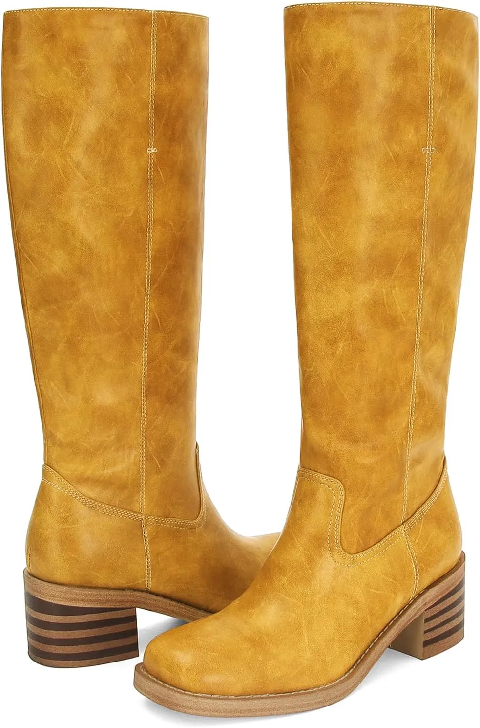 DOEYG Women's Banana Knee High Boots Square Toe Chunky Block Heel Tall Boots Wide Calf Fashion Comfortable Casual Pull on Long Boots
