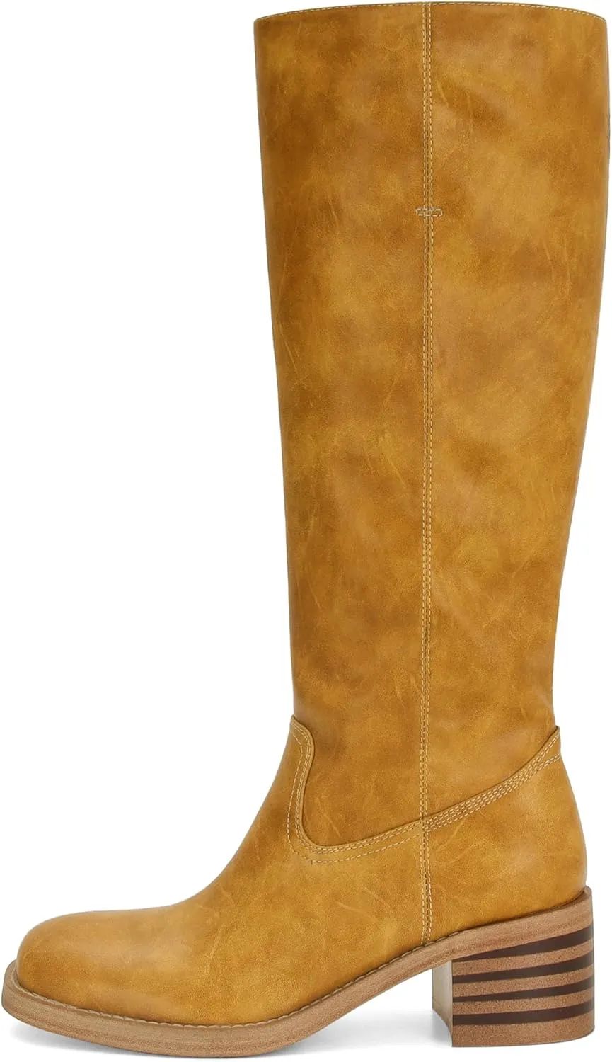 DOEYG Women's Banana Knee High Boots Square Toe Chunky Block Heel Tall Boots Wide Calf Fashion Comfortable Casual Pull on Long Boots