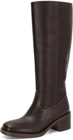 DOEYG Women's Banana Knee High Boots Square Toe Chunky Block Heel Tall Boots Wide Calf Fashion Comfortable Casual Pull on Long Boots